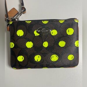 Coach Brown Signature Wallet with Neon Yellow Polka Dot Print 4 in H x 5 in L
